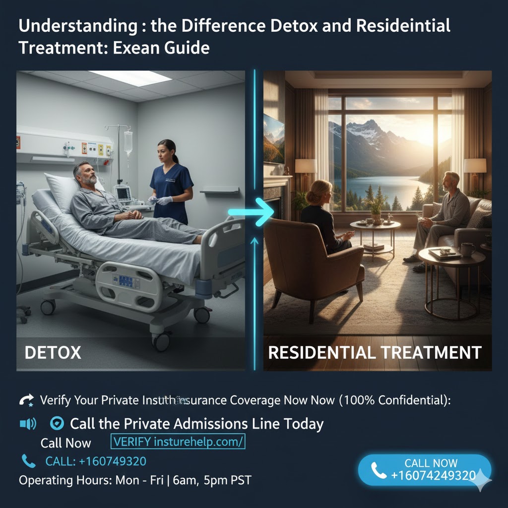 A split image showing an executive in a medical detox bed on one side and then in a serene residential therapy session on the other, illustrating the difference between detox and residential treatment.