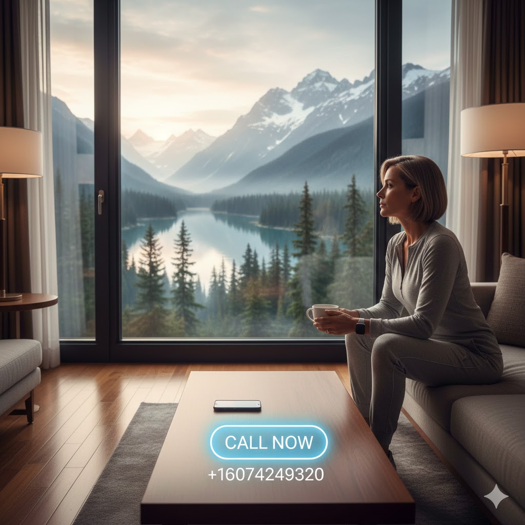 Executive looking at a serene mountain view from a window, symbolizing a focused 30-Day Rehab Program for intensive, confidential recovery.