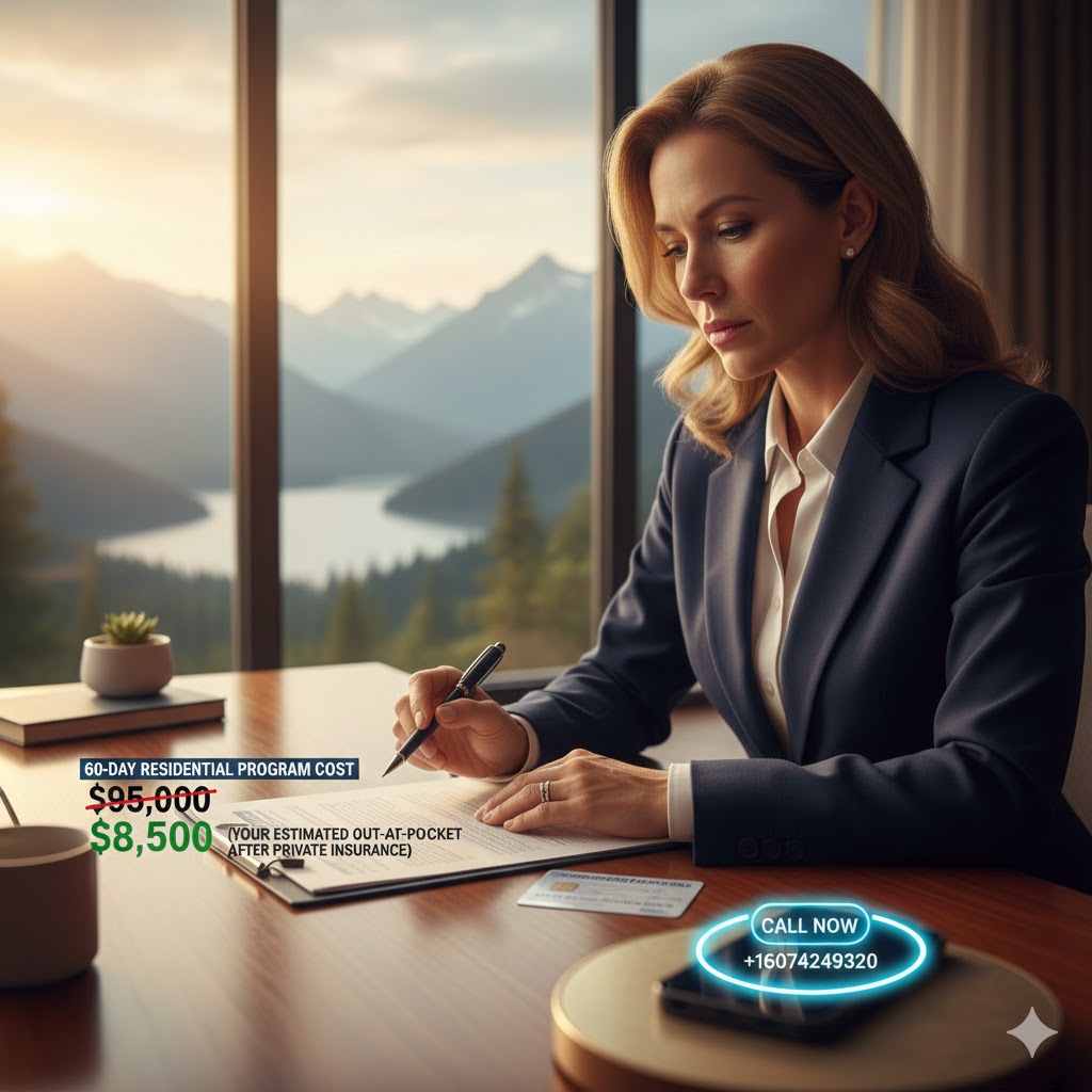 Executive reviewing a cost breakdown with a pen, emphasizing the smart investment of the Cost of a 60-Day Residential Rehab Program after private insurance coverage.