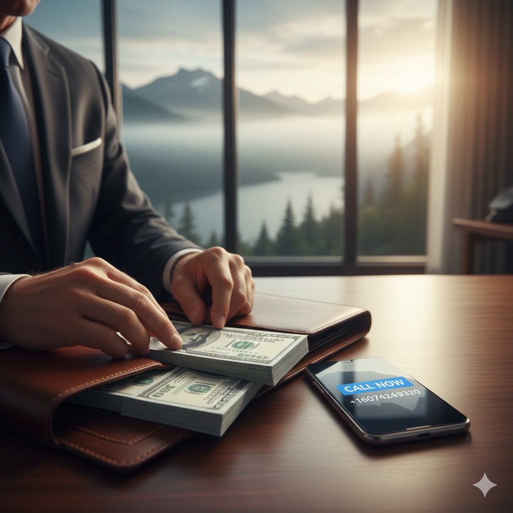 Close-up of hands placing cash on a private desk, symbolizing the Cash Pay Rehab Options for discreet executive treatment.