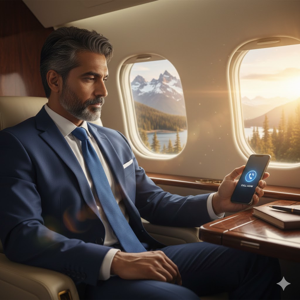 Executive in a private jet looking at a phone with a 'Call Now' button, symbolizing fast, discreet admission to rehab via private insurance.