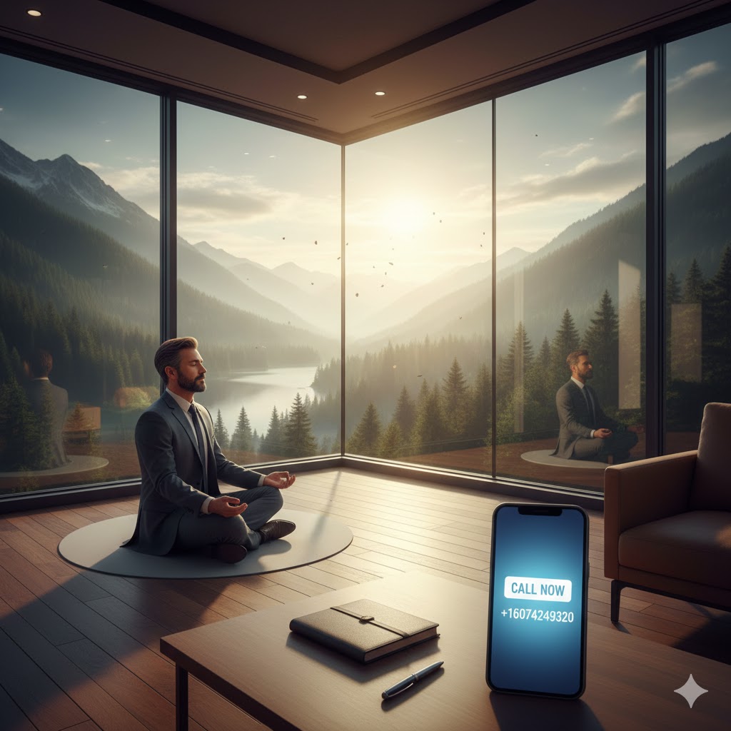 A professional meditating in a high-end, serene office overlooking nature, representing peace and recovery in Executive Alcohol Rehab.