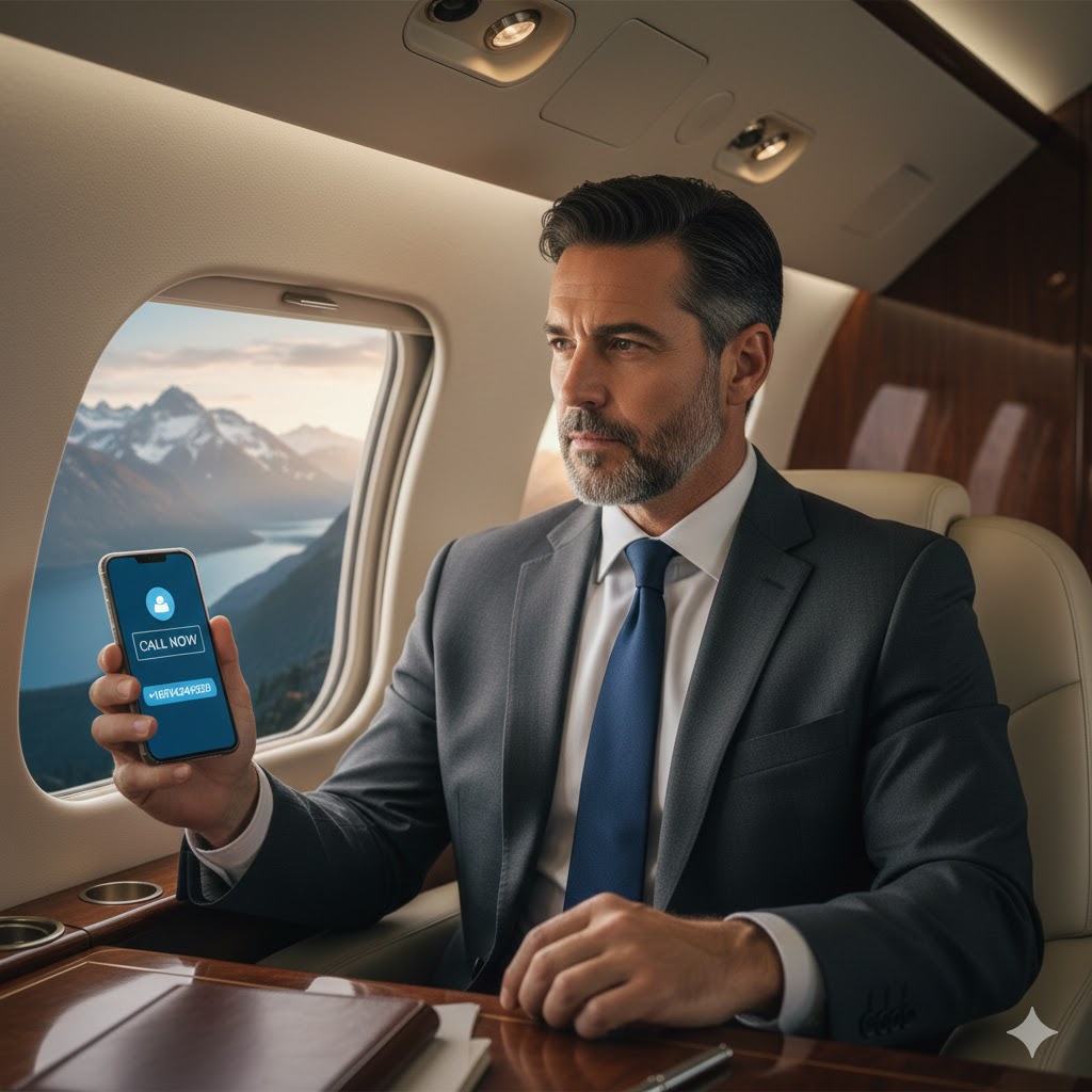 Executive in a private, modern office making a confidential call to inquire about Opioid Rehab for Executives.